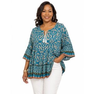 Vivilli Teal Damask Print Babydoll Peasant Blouse Tassel Tie Top Large‎